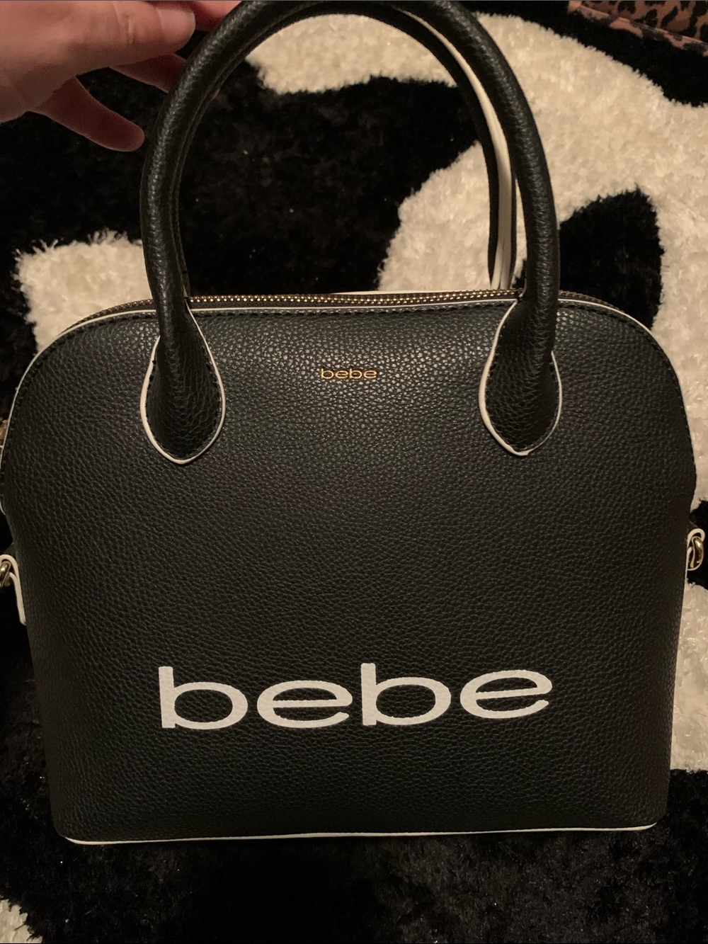 NEW! BEAUTIFUL bebe Black & White Logo Dome Satchel Handbag